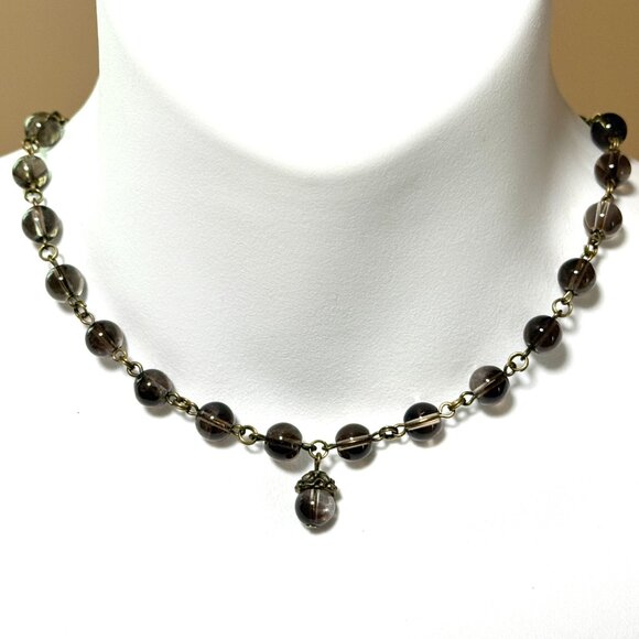 Natural Smoky Quartz Adjustable Short Necklace, Genuine Gemstone + Bronze Acorn - Picture 2 of 13